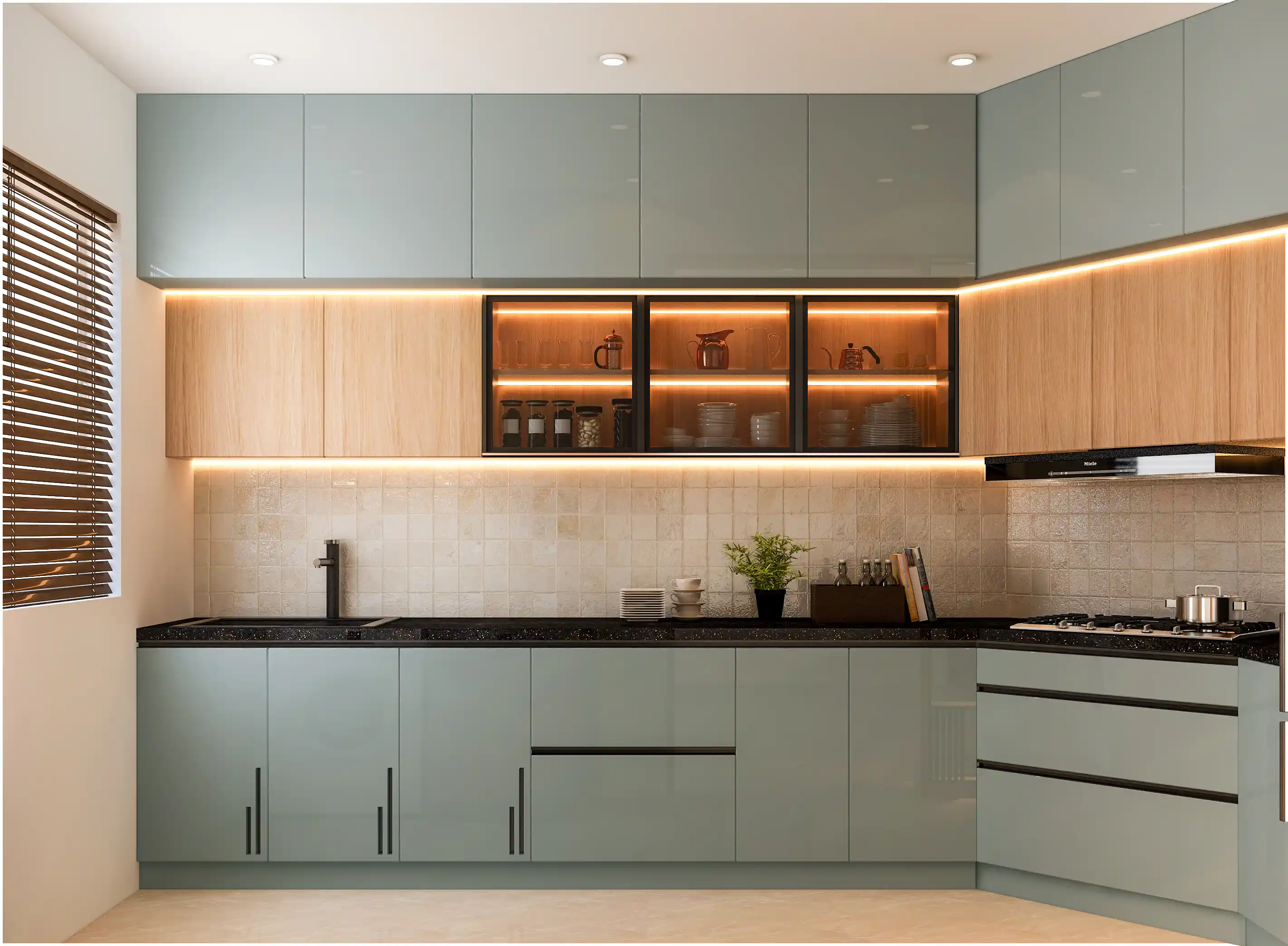 Modern kitchen with sage green and wood accents