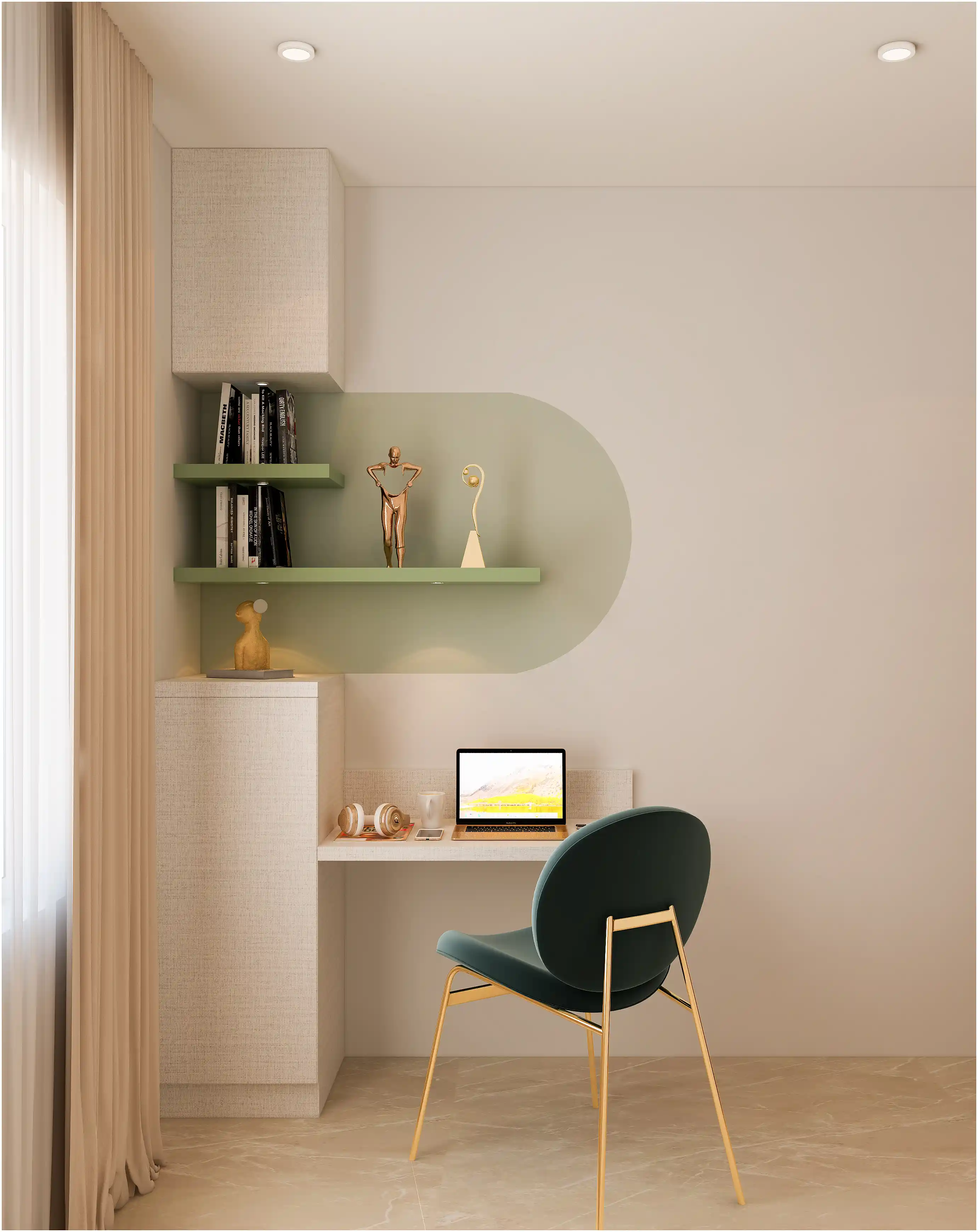 Compact study nook with curved green accent wall