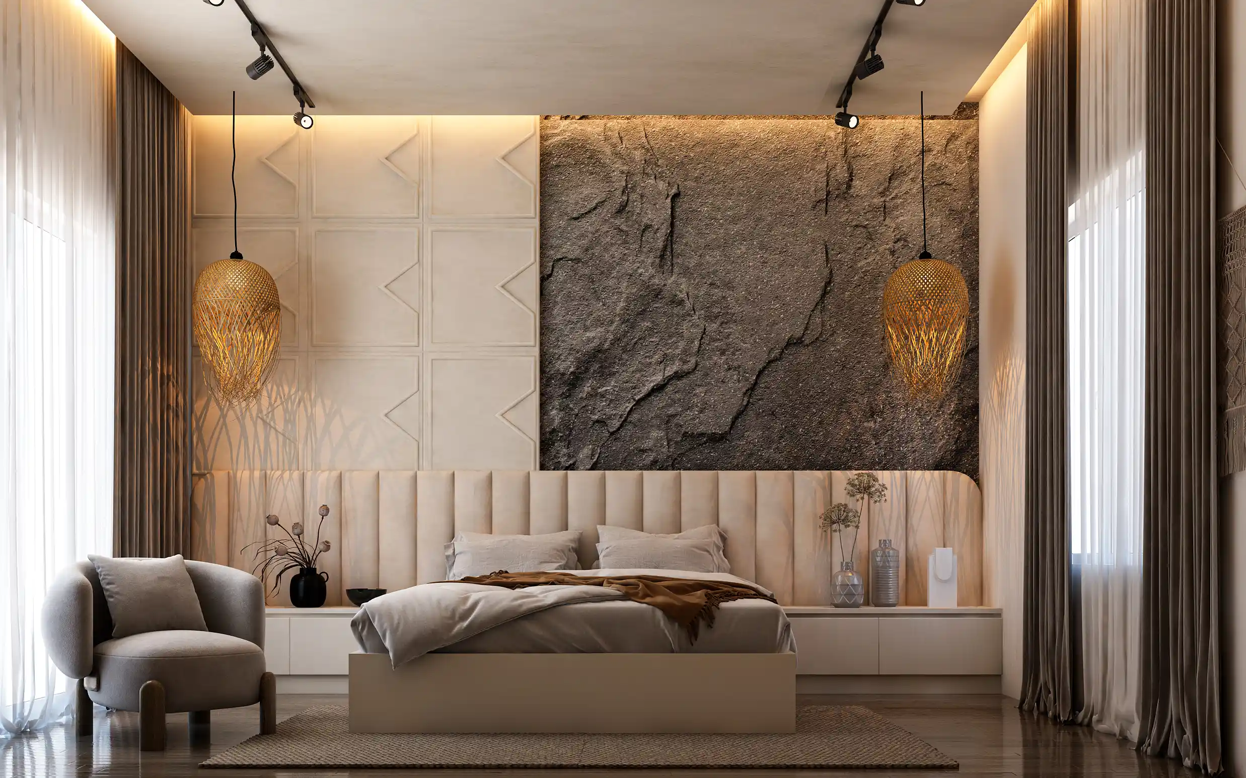 Luxury Master Bedroom with Stone Accent Wall