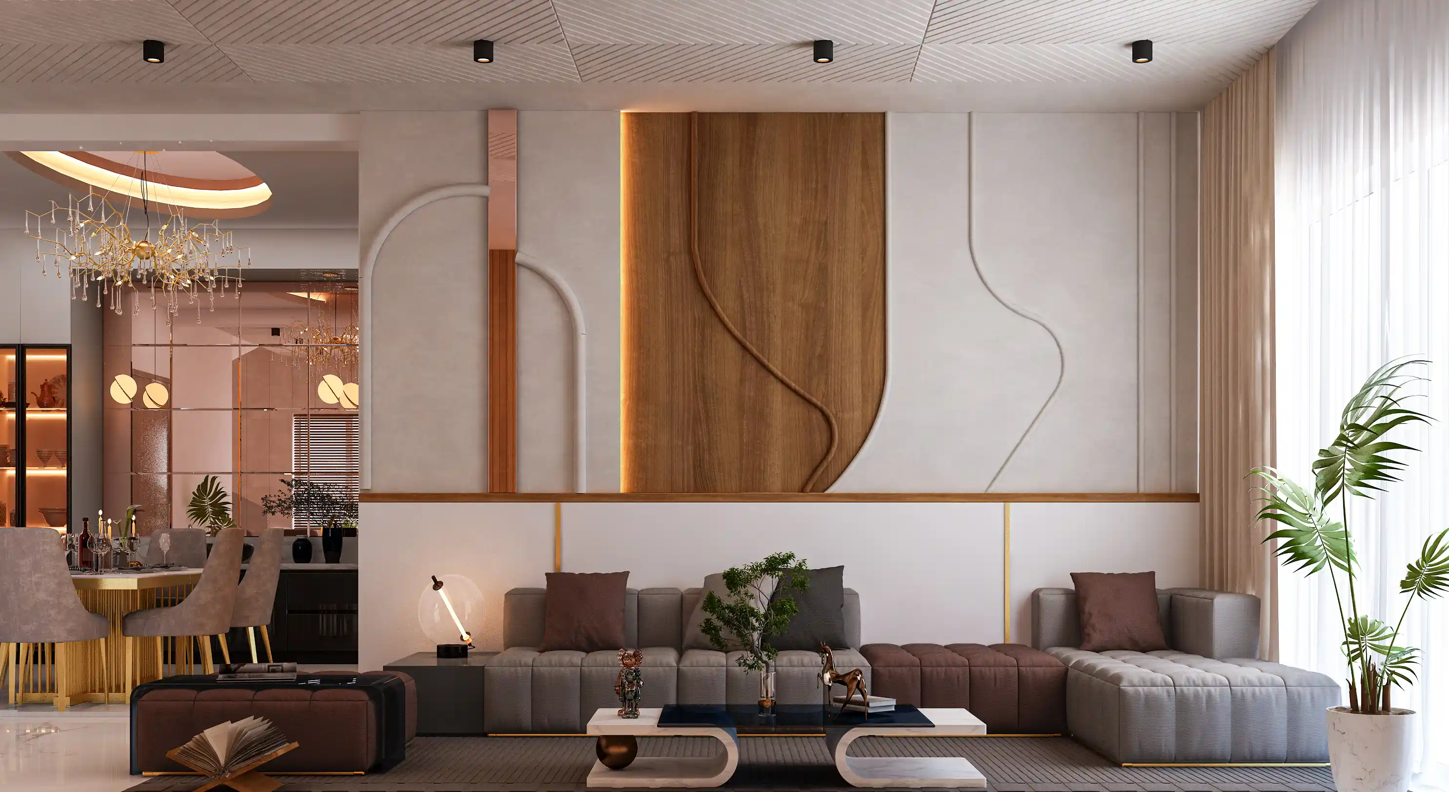 Contemporary Living Space with Curved Wall Art